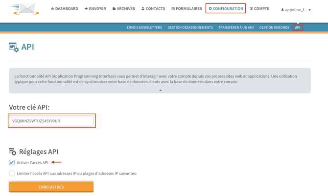 Récupérer la clé d'API YMLP